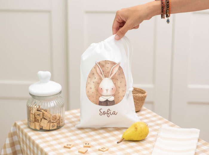 Bolsa de merienda personalizada con diseño de conejo y nombre