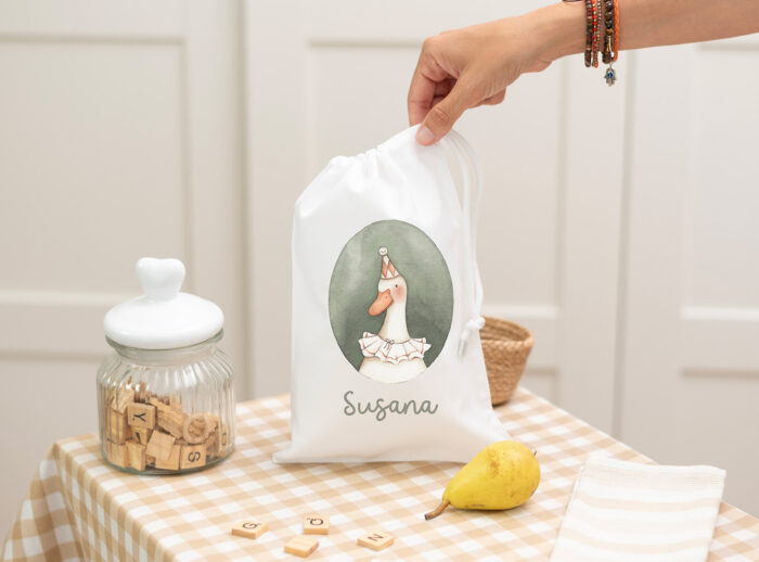 Bolsa de merienda personalizada con diseño de oca y nombre