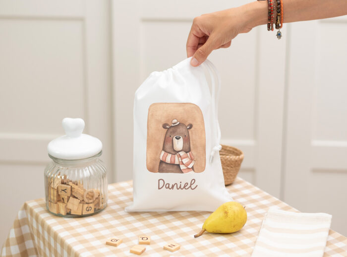 Bolsa de merienda personalizada con diseño de oso y nombre