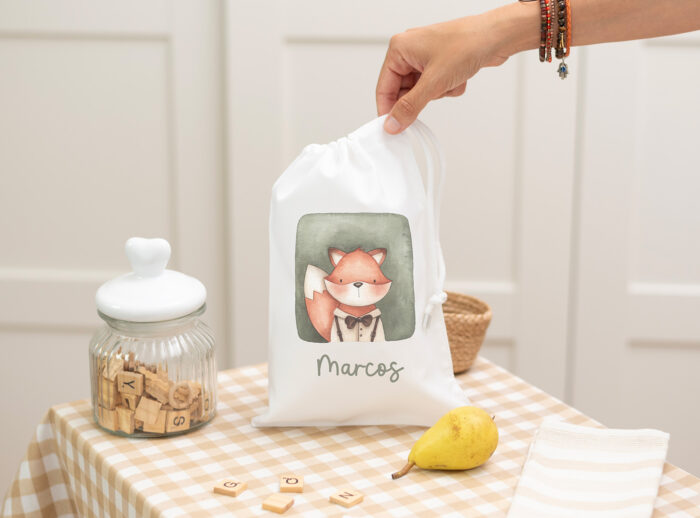 Bolsa de merienda personalizada con diseño de zorro y nombre