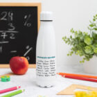 Botella personalizada para profesores con curso y nombres de los niños en el reverso