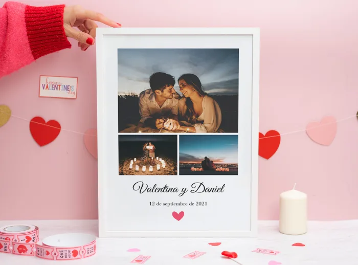 Collage para enamorados personalizado con tus fotos en un marco blanco