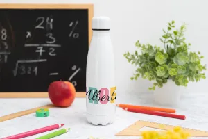 Botella termo con el nombre profe en varios colores y personalizada con nombre del profesor