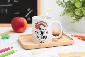 Taza para profesores con el texto "Mejor maestro del mundo" personalizada con el nombre del profesor, la promoción y el nombre de los alumnos