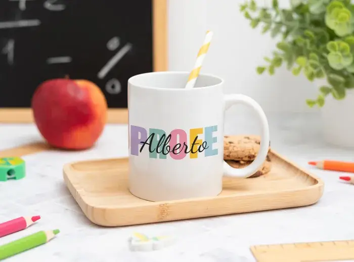Taza personaliza con la palabra "Profe", el nombre del profesor y de los alumnos