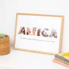 Lámina personalizada con la palabra "AMIGA", cada letra formada por fotos. Con marco de madera natural (opcional).