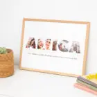 Lámina personalizada con la palabra "AMIGA", cada letra formada por fotos. Con marco de madera natural (opcional).