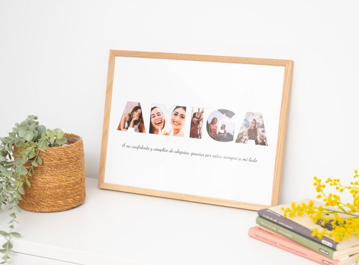 Lámina personalizada con la palabra "AMIGA", cada letra formada por fotos. Con marco de madera natural (opcional).