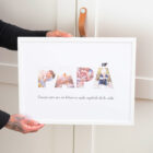 Lámina personalizada con la palabra PAPÁ, cada letra formada por fotos. Con marco de madera blanca.