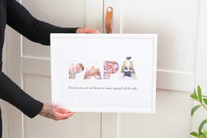 Lámina personalizada con la palabra PAPÁ, cada letra formada por fotos. Con marco de madera blanca.
