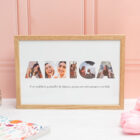 Lámina personalizada con la palabra "AMIGA", cada letra formada por fotos. Con marco de madera natural (opcional).