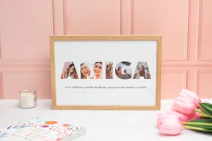 Lámina personalizada con la palabra "AMIGA", cada letra formada por fotos. Con marco de madera natural (opcional).