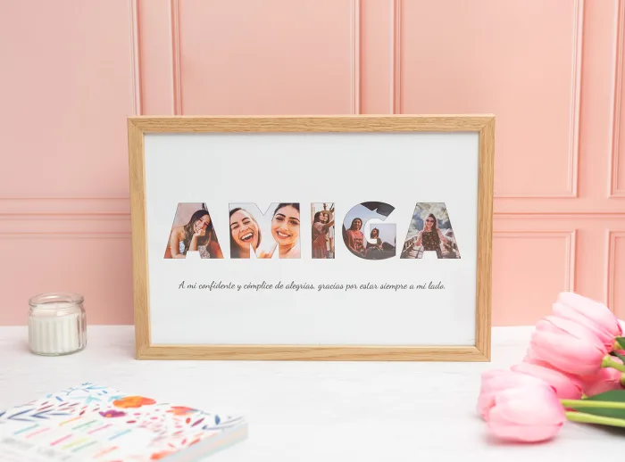 Lámina personalizada con la palabra "AMIGA", cada letra formada por fotos. Con marco de madera natural (opcional).