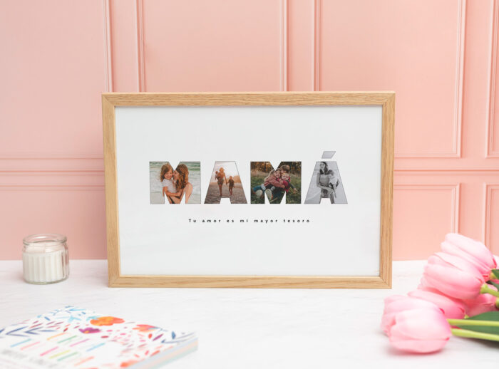 Lámina palabra Mamá con fotos tamaño 20x30 cm con marco en color natural