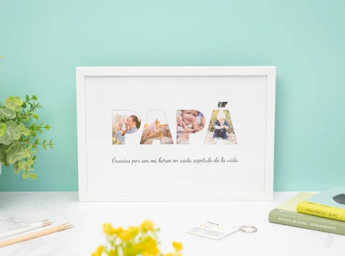 Lámina personalizada con la palabra PAPÁ, cada letra formada por fotos. Con marco de madera blanca.