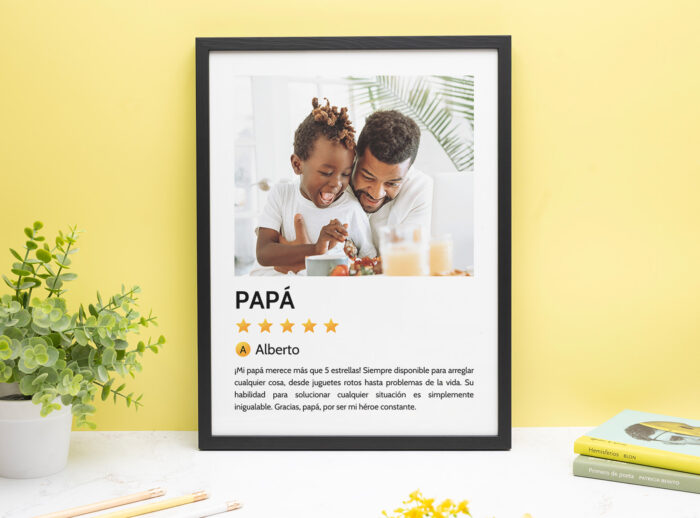 Lamina de reseña de papá en tamaño 30x40 cm. con marco de madera negro