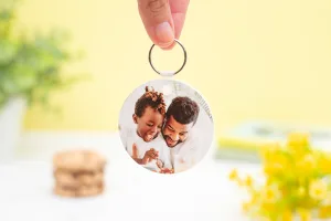 Llavero personalizado redondo de plástico con la inscripción "Papá, como tú, no hay ninguno" en un lado y una foto en el otro.