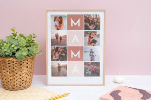 Collage personalizado con tus fotos para mamá con marco de aluminio color oro rosa y ocho fotos