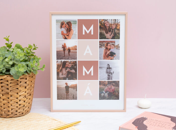Collage personalizado con tus fotos para mamá con marco de aluminio color oro rosa y ocho fotos