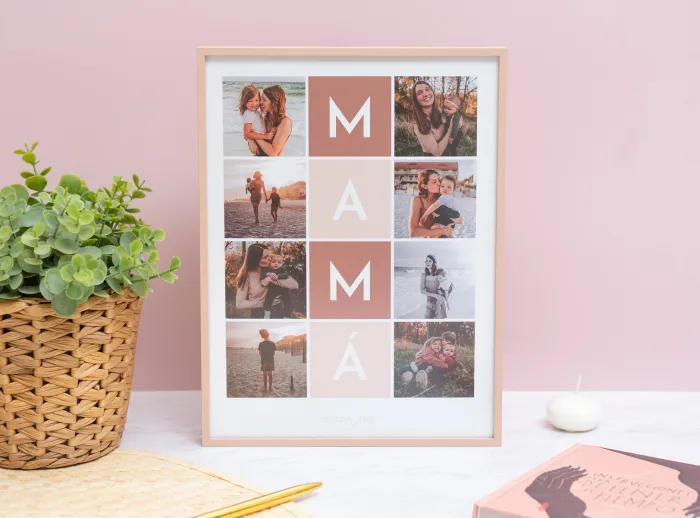 Collage personalizado con tus fotos para mamá con marco de aluminio color oro rosa y ocho fotos