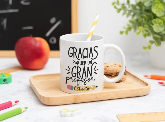 Taza personalizada con mensaje 'Gracias por ser un gran profesor', nombre del profesor, curso y nombres de los niños en el reverso