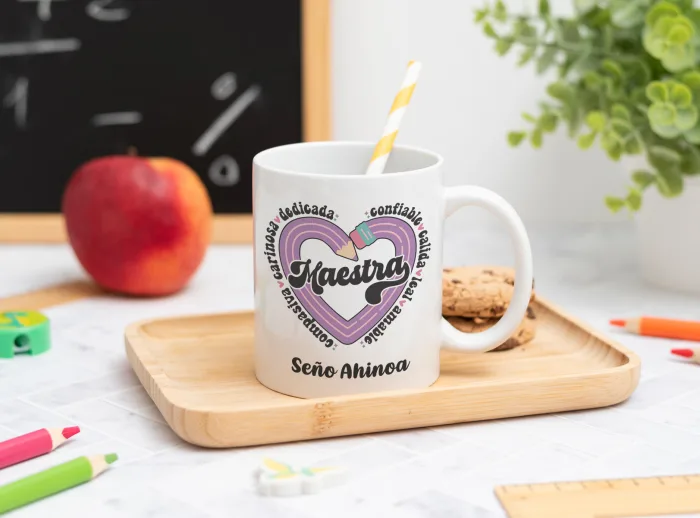 Taza personalizada con el texto Maestra y los adjetivos ‘Comprensiva, cariñosa, dedicada, confiable, cálida, leal y amable', nombre del profesor, curso y nombres de los niños en el reverso