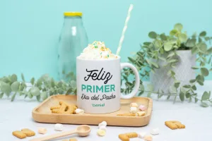 Taza personalizada con foto y mensaje "Feliz primer día del padre". Personalización con el nombre que elijas disponible.