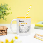Taza personalizada amarilla con emotiva reseña para papá, nombre y foto.