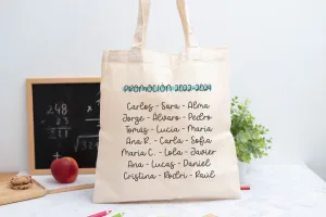 Tote bag personalizada para profesores con curso y nombres de los niños en el reverso